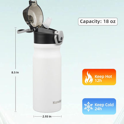 Konokyo 18 oz Insulated Water Bottle with Straw Lid, Stainless Steel Vacuum Sports Water Bottle, Leak-Proof Reusable Metal Flask with Carry Loop, BPA-Free Travel Bottle for Gym, School, Office