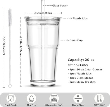 INSETLAN 13oz Portable Glass Tumblers Set of 2, Thick Wall Glass Cups with Lid and Glass Straw, On-the-Go Coffee Cups for Iced Coffee, Tea, Milk, Hot & Cold Drinks, Travel & Daily Use