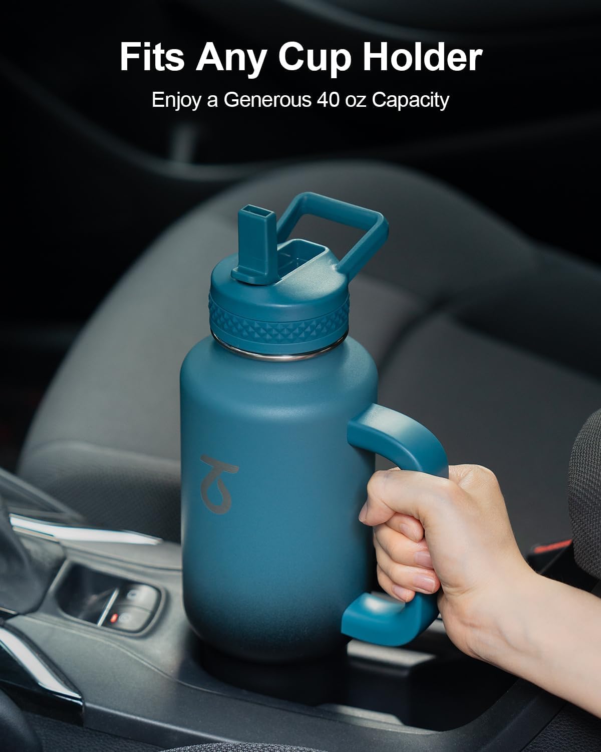 Trebo 40 oz Water Bottle Insulated Fit Car Cup Holder with Handle, Stainless Steel Water Bottles Tumbler with Spout Straw Lids, Double Wall Travel Reusable Flask, Leakproof Mug,Keep Cold &Hot,Black