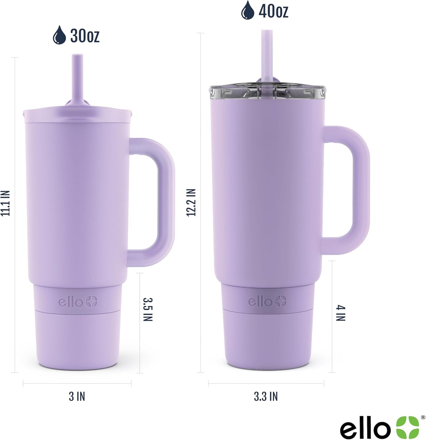 Ello Port 40oz Tumbler with Carry Loop & Integrated Handle, Vacuum Insulated Stainless Steel Reusable Water Bottle, Travel Mug with Leak Proof Lid & Straw, Perfect for Iced Coffee & Tea, White