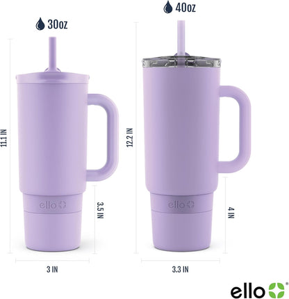 Ello Port 40oz Tumbler with Carry Loop & Integrated Handle, Vacuum Insulated Stainless Steel Reusable Water Bottle, Travel Mug with Leak Proof Lid & Straw, Perfect for Iced Coffee & Tea, White