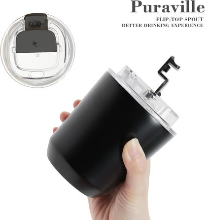 Puraville Insulated Tumblers with Lid, 14 oz Travel Coffee Mug Stainless Steel Vacuum Cup, Leak Proof Reusable Double Walled Coffee Tumbler for Iced and Hot Drinks, Cream