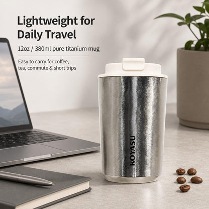 KOYASU Ti-Zen Titanium Travel Coffee Mug - 12oz Ultralight Insulated Tumbler - Leakproof Commuter Cup for Men & Office Desk Accessory - Minimalist Portable Tea Flask for Travel & Car- Indigo Blue