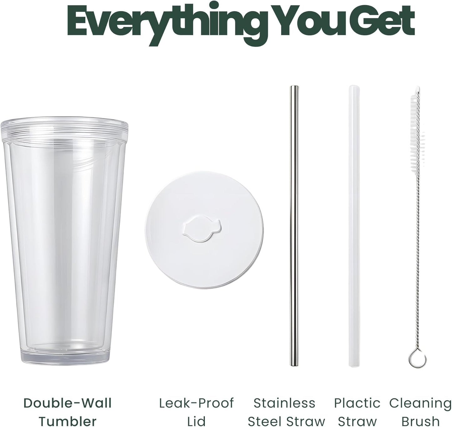 Reusable Iced Coffee Cup with Lid and Straw, 24 oz/Venti, BPA-Free Double-Wall Insulated Plastic Tumbler for Cold Drinks, Includes Clear Plastic Straw, Stainless Steel Straw and Cleaning Brush, White