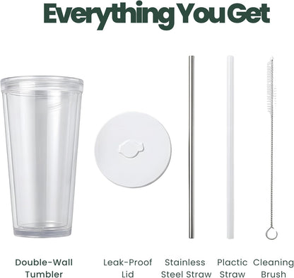 Reusable Iced Coffee Cup with Lid and Straw, 24 oz/Venti, BPA-Free Double-Wall Insulated Plastic Tumbler for Cold Drinks, Includes Clear Plastic Straw, Stainless Steel Straw and Cleaning Brush, White