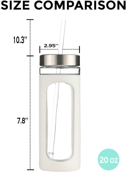 Kodrine 20oz Glass Water Tumbler with Straw and Lid, Bamboo Lids Water Bottle, Iced Coffee Cup Reusable, Wide Mouth Smoothie Cups with Protective Silicone Sleeve BPA FREE-Black - Colors B
