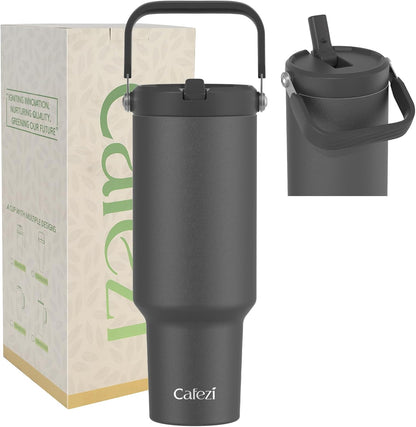 40 oz Insulated Tumbler with Top Handle and Flip Straw, Vacuum Insulated Stainless Steel Cup with Leak-Proof Lid, Sweat-Free, Fits Cup Holder, Keeps Ice Cold up to 30 Hours