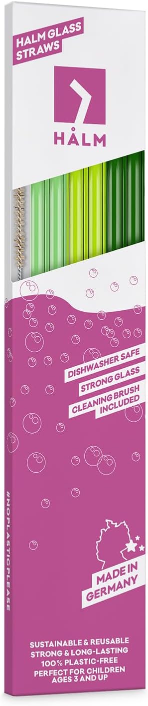 Halm Glass Straws - 6 Long 12 inch Bent Stanley Cup Replacement Drinking Straws + Plastic-Free Cleaning Brush - Perfect for Bottles & Quencher - Made in Germany - Dishwasher Safe - Eco-Friendly