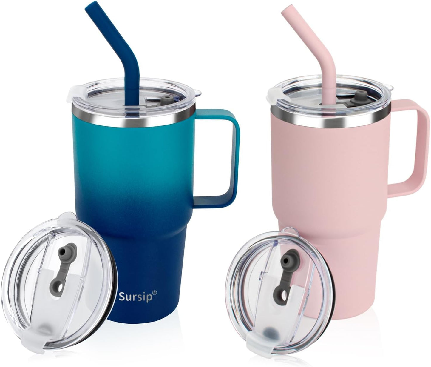 Sursip Insulated Coffee Mug with Handle and Lid, 24 oz Double Wall Vacuum Travel Thermal Coffee Tumbler with Straw for Home, Office Stainless Steel Coffee Cup - Leak proof, BPA Free (Black-1 Pack)