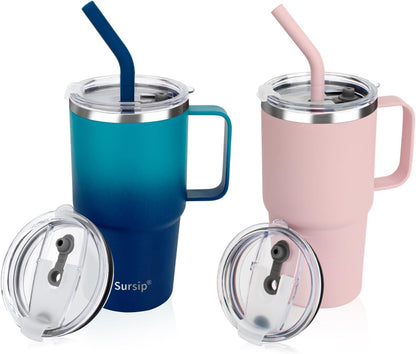 Sursip Insulated Coffee Mug with Handle and Lid, 24 oz Double Wall Vacuum Travel Thermal Coffee Tumbler with Straw for Home, Office Stainless Steel Coffee Cup - Leak proof, BPA Free (Black-1 Pack)