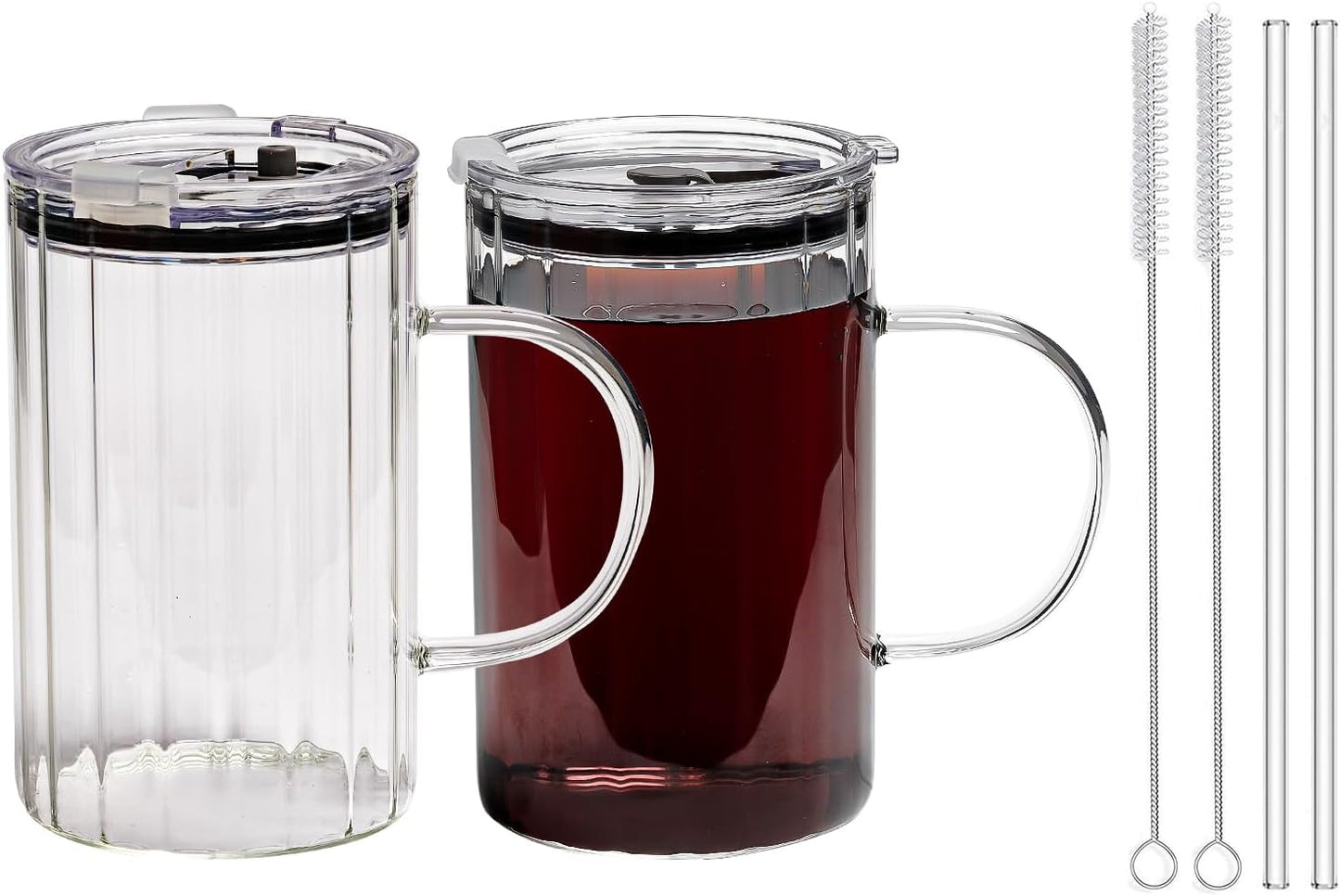 SUROQUE 20oz Ribbed Glass Tumblers with Lids & Straws, Ideal for Iced Coffee, Cocktails & More - Includes Cleaning Brush