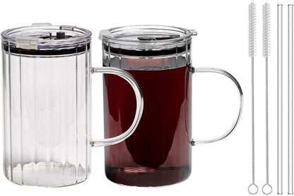 SUROQUE 20oz Ribbed Glass Tumblers with Lids & Straws, Ideal for Iced Coffee, Cocktails & More - Includes Cleaning Brush