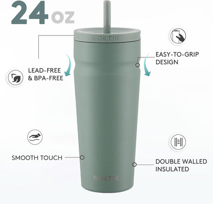 COKTIK 24oz Insulated Tumbler with Lid and Straw Iced Coffee Cup Reusable Stainless Steel Travel Mug Water Bottle Cupholder Friendly for Women Men Her Him (Blush)
