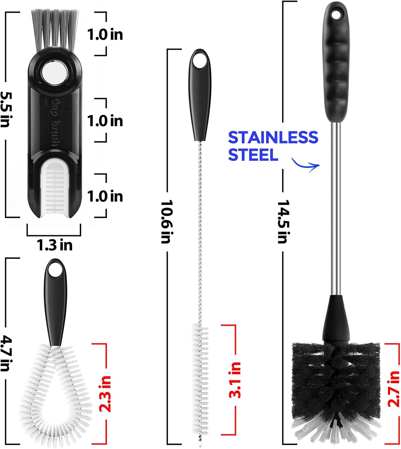 Holikme 4 Pack Bottle Brush Set, 14.5" Long Handle Stainless Steel Bottle Cleaner Brush, Long-Handled 4-in-1 Stainless Steel Bottle Brushes for Water Bottle, Cups, Abrasive Wheel Brushes, Blue
