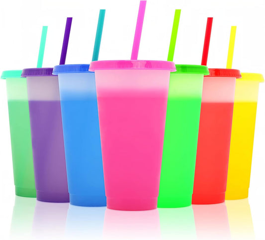 FIEKEICC Color Changing Cups with Lids and Straws,7Pcs 24oz Color Changing Tumblers,Reusable plastic tumblers with lids and straw Party Funny Tumbler Ice Cold Drinking Cup for Kids & Adults