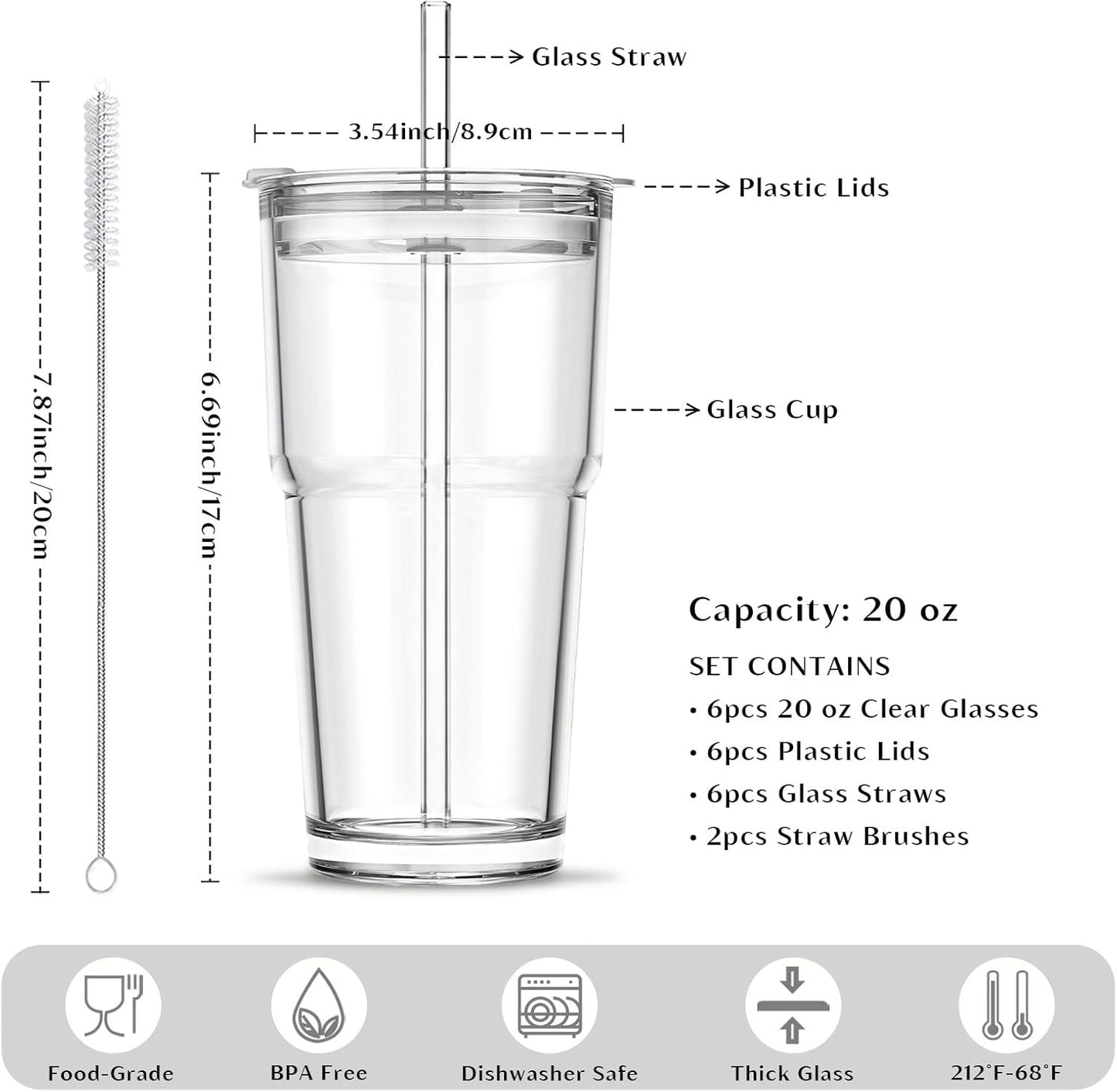 INSETLAN 13oz Portable Glass Tumblers Set of 2, Thick Wall Glass Cups with Lid and Glass Straw, On-the-Go Coffee Cups for Iced Coffee, Tea, Milk, Hot & Cold Drinks, Travel & Daily Use