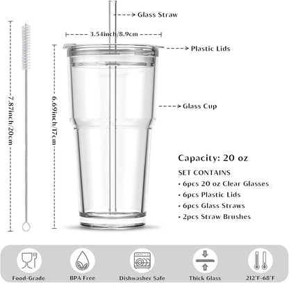 INSETLAN 13oz Portable Glass Tumblers Set of 2, Thick Wall Glass Cups with Lid and Glass Straw, On-the-Go Coffee Cups for Iced Coffee, Tea, Milk, Hot & Cold Drinks, Travel & Daily Use