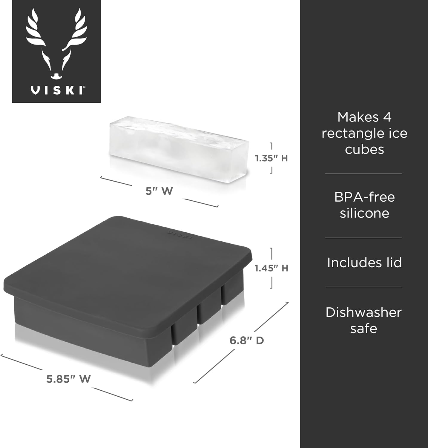 Viski Highball Ice Cube Tray with Lid, Silicone Mold for Easy Release, Makes 4 Elongated Ice Cubes for Highball Cocktails, Vodka Soda, Rum Punch, Bar Cart, Home Bar, Man Cave Gifts, Set of 1, Gray