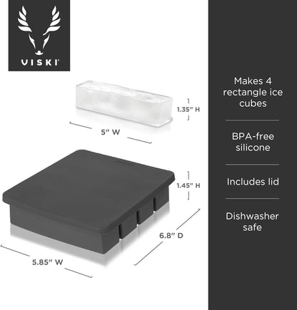 Viski Highball Ice Cube Tray with Lid, Silicone Mold for Easy Release, Makes 4 Elongated Ice Cubes for Highball Cocktails, Vodka Soda, Rum Punch, Bar Cart, Home Bar, Man Cave Gifts, Set of 1, Gray