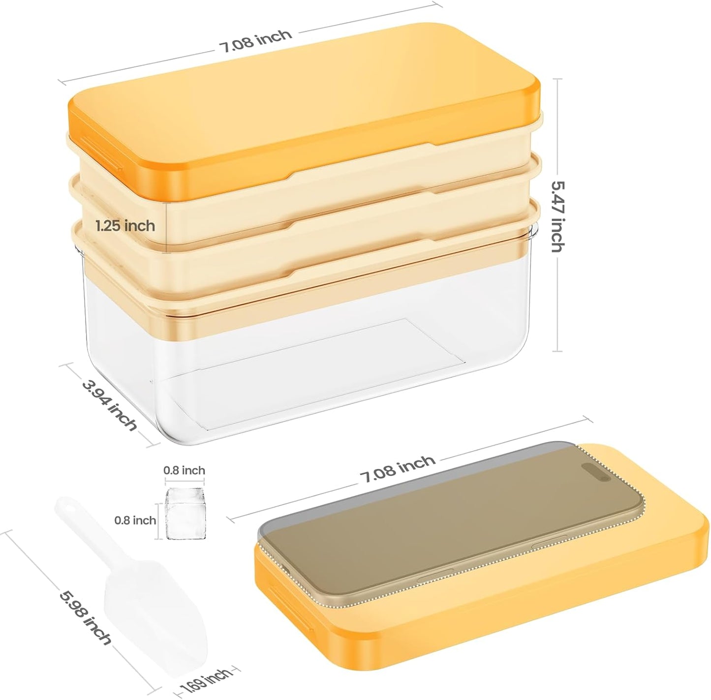 Ice Cube Tray with Lid and Bin, PHINOX 56 pcs Ice Trays for Freezer, Ice Cube Trays for Freezer with 2 trays, Container, Lid & Ice Scoop, BPA Free