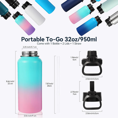 Neihepal 32 oz Insulated Water Bottle with 2 Lids (Straw & Spout Lid), 18/8 Stainless Steel Double Wall Water Bottles for Gym, Travel, Camping, Sports (Silver,1 Pack)
