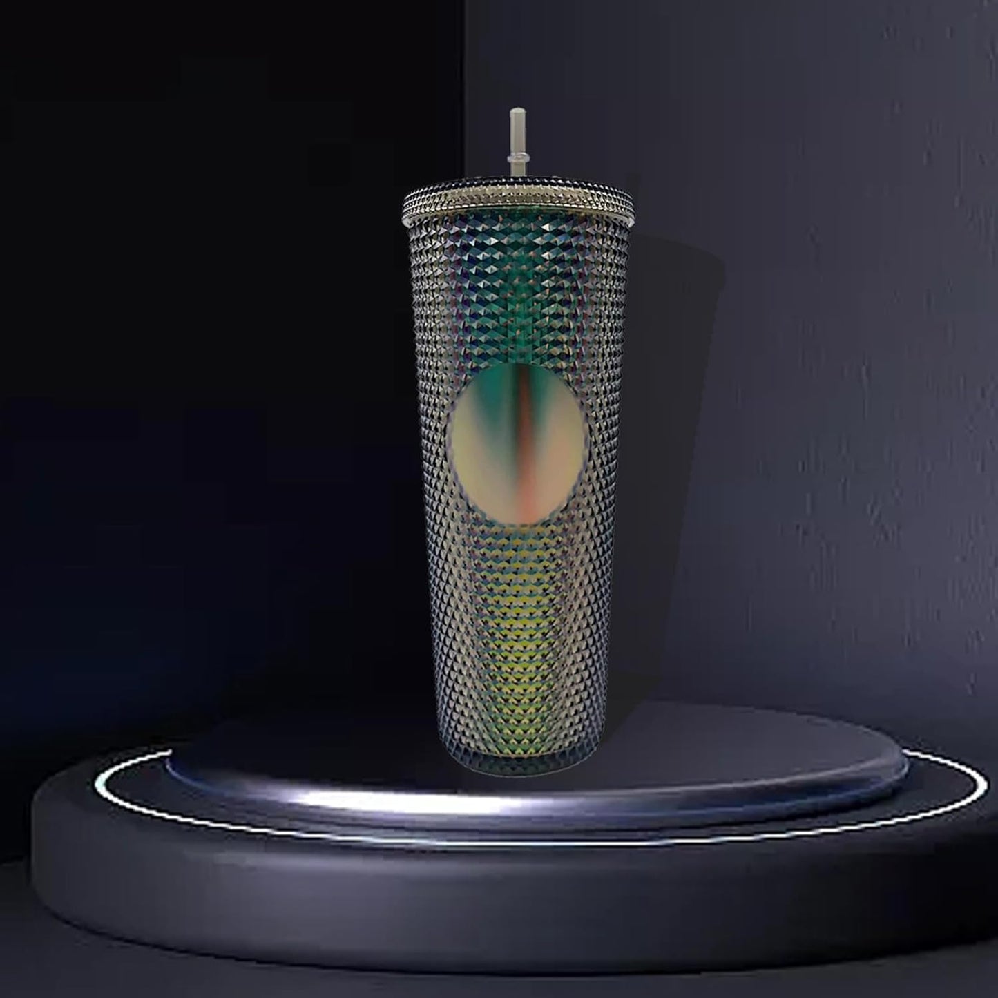 Studded Tumbler With Straw Tumblers With Lids And Straws Iridescent Blue Cups Water Cup With Straw And Lid BPA-Free Double-Wall Plastic for Iced Coffee Cups or Water 24 Oz