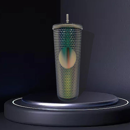 Studded Tumbler With Straw Tumblers With Lids And Straws Iridescent Blue Cups Water Cup With Straw And Lid BPA-Free Double-Wall Plastic for Iced Coffee Cups or Water 24 Oz