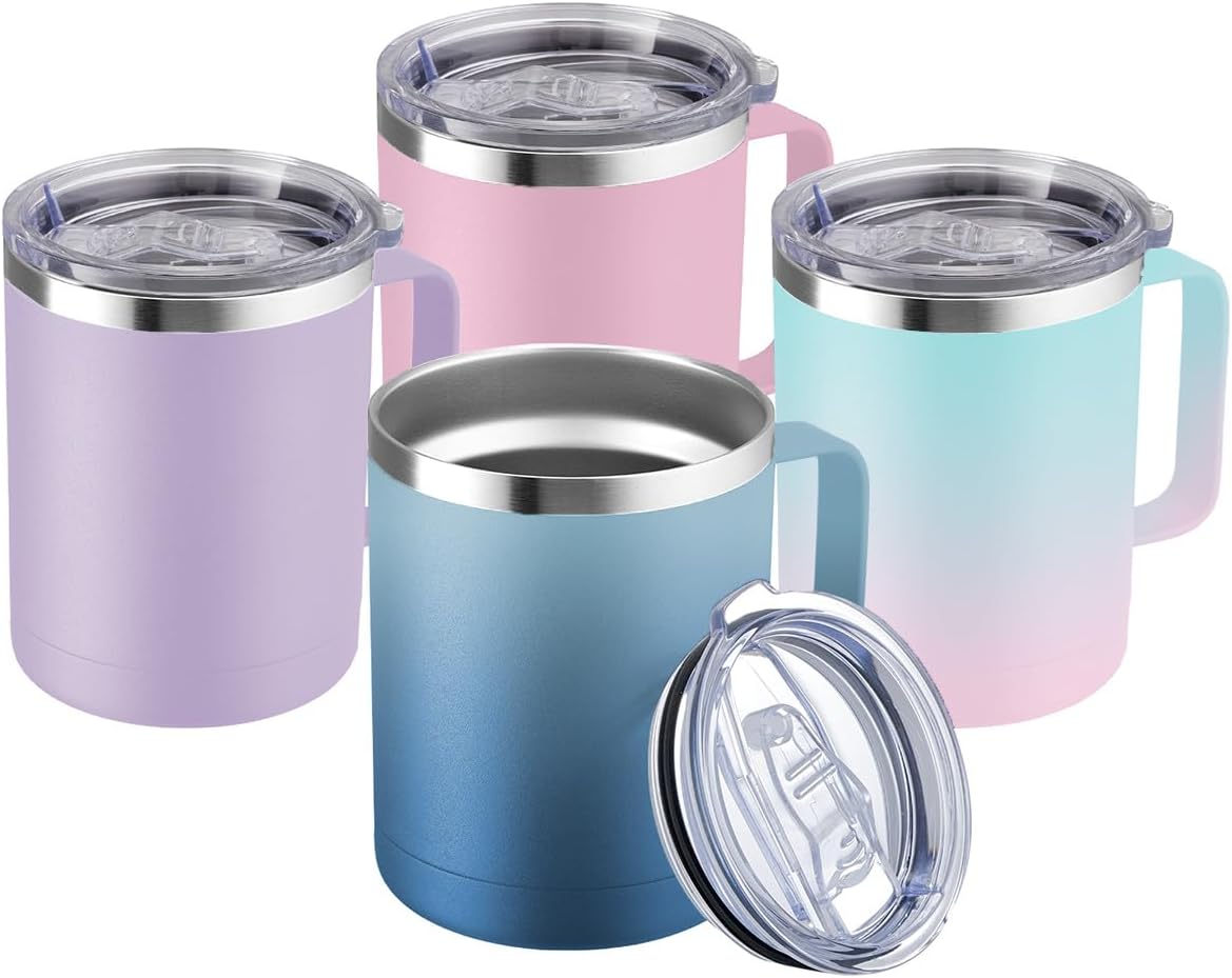MEWAY 12oz Coffee Mug With Handle and Sliding Lid,Stainless Steel Travel Tumbler Cup with Handle,Double Wall Vacuum Insulated Camping Cup for Hot & Cold Drinks Tea (Black,Set of 1
