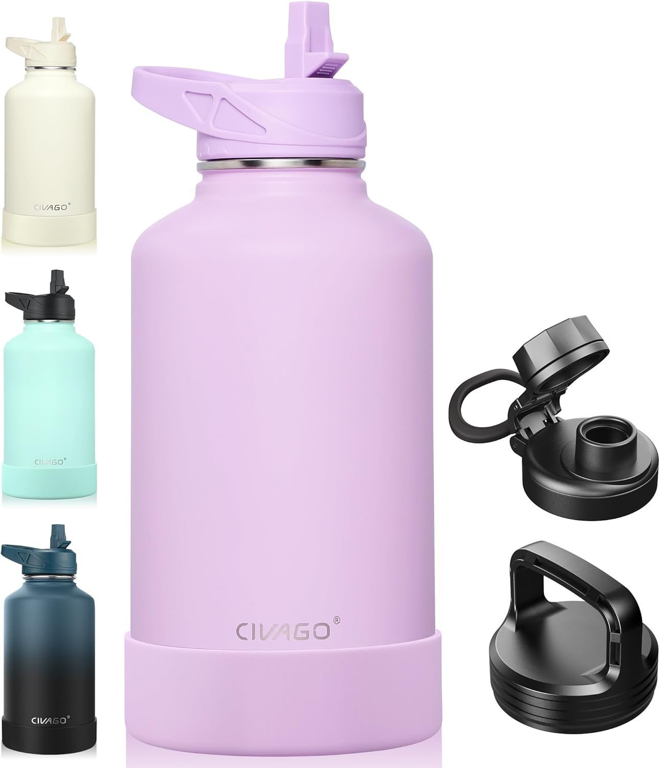 CIVAGO 32 oz Insulated Water Bottle With Straw, Stainless Steel Sports Water Cup Flask with 3 Lids (Straw, Spout and Handle Lid), Wide Mouth Travel Thermal Mug, Black