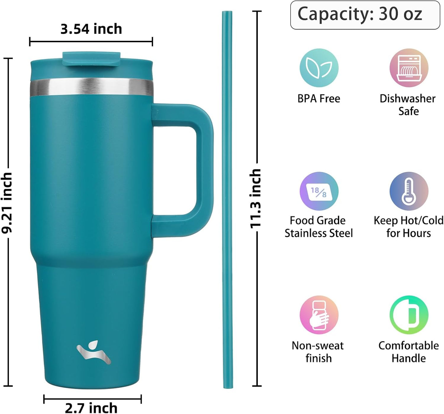 Konokyo 30 oz Tumbler with Handle and 2 Straws,2 in 1 Lid Insulated Water Bottle Stainless Steel Travel Coffee Mug,Sky