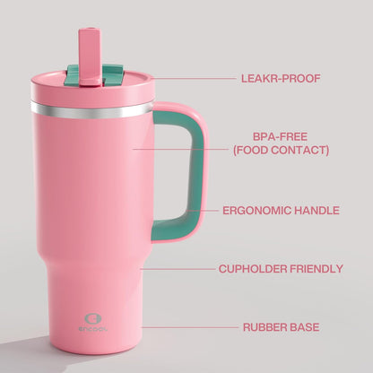 40 oz Tumbler with Handle and Straw: Stainless Steel Insulated Tumbler Keeps Cold for 24 Hours, Leakproof Travel Cup Fits in Cup Holder and BPA-Free, Cotton Candy