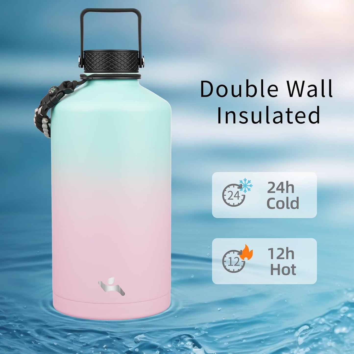 Konokyo 22oz Stainless Steel Bottles with 3 Lids Sport Insulated Water Bottle,Mint