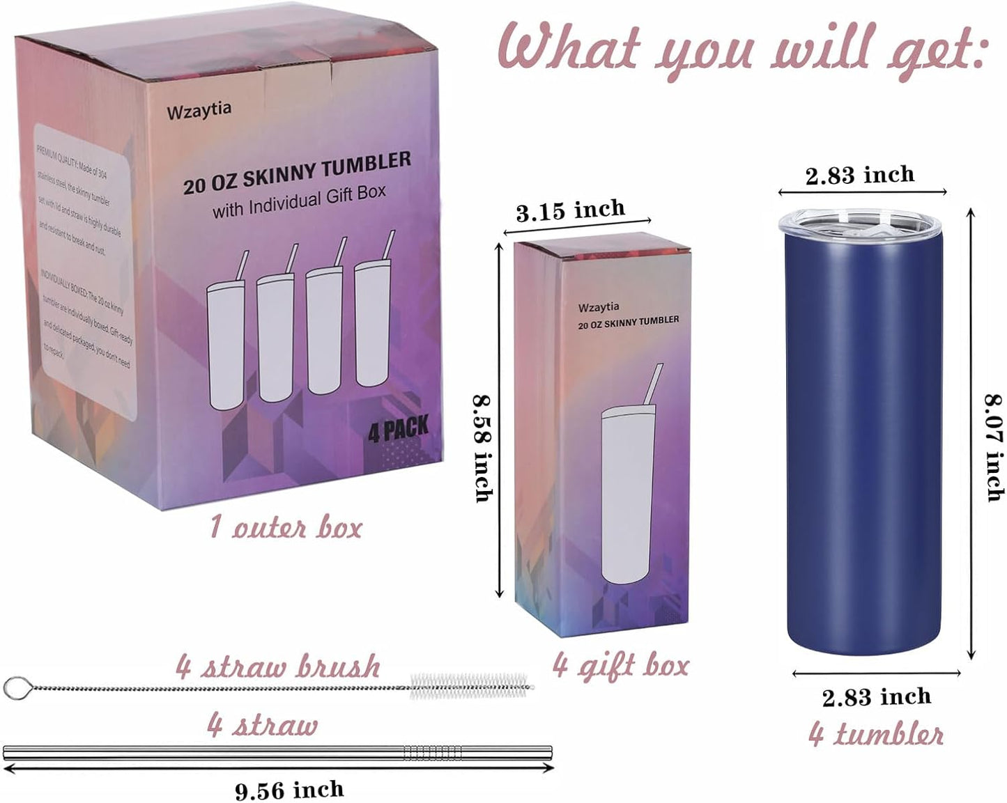 8 Pack 20 Oz Straight Skinny Tumblers, Individually Gift Boxed Stainless Steel Slim Skinny Tumbler Set Bulk, 20 Oz Insulated Slim Thin Travel Tumbler Cup for Diy, Silver