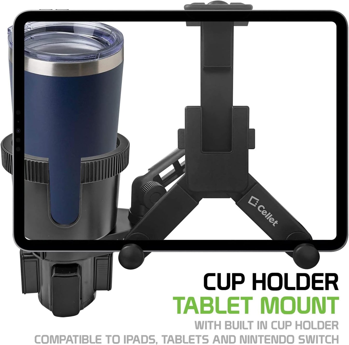Cellet Cup Holder Tray for Car with Phone Mount – Expandable Base, 360° Rotation Food & Drink Tray with Non-Slip Surface, Adjustable Arm for Eating in Vehicle – Fits Most Standard Car Cup Holders