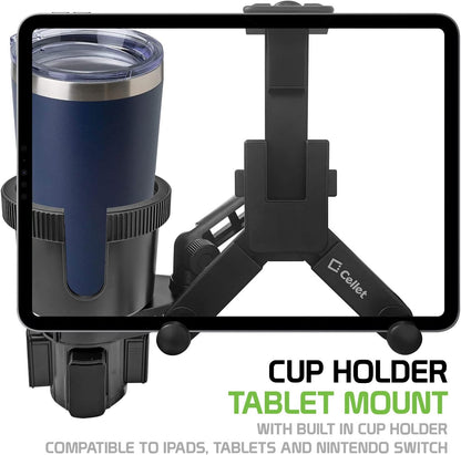 Cellet Cup Holder Tray for Car with Phone Mount – Expandable Base, 360° Rotation Food & Drink Tray with Non-Slip Surface, Adjustable Arm for Eating in Vehicle – Fits Most Standard Car Cup Holders