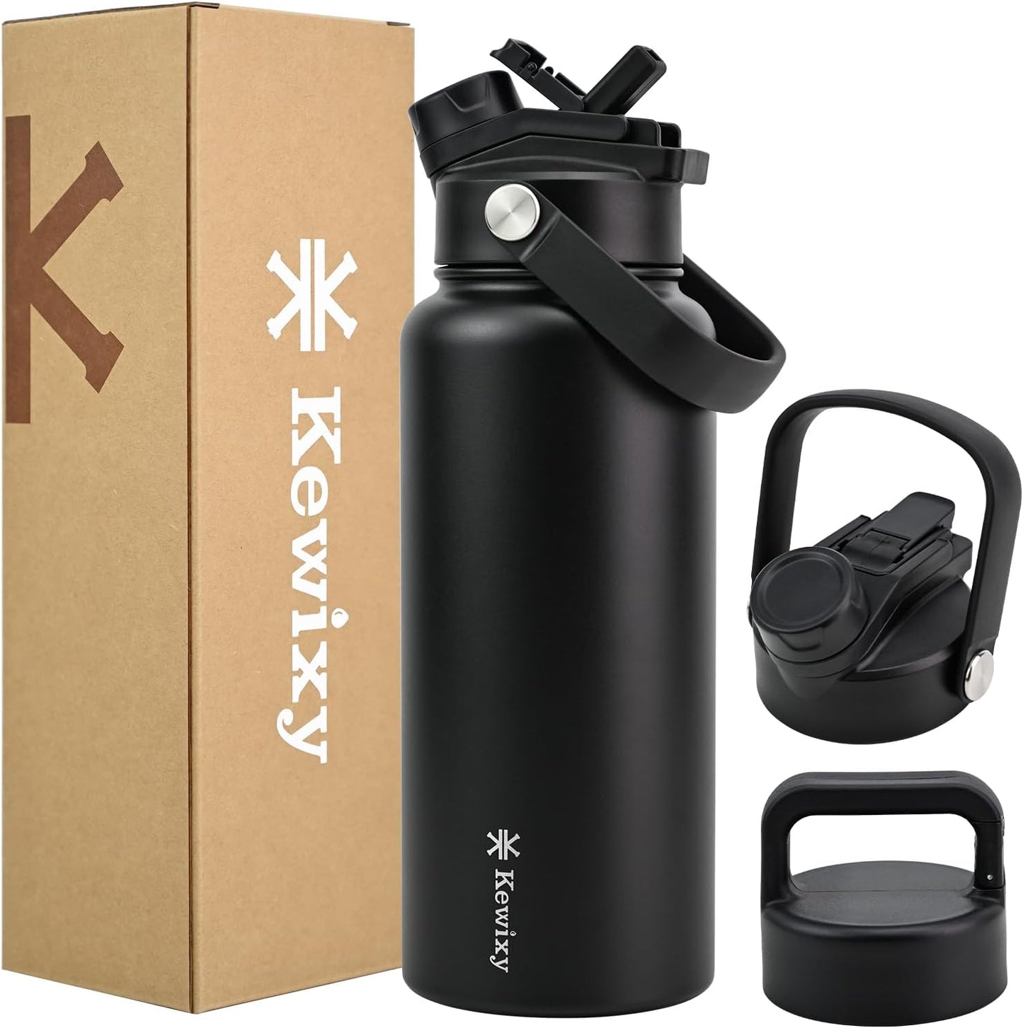 KEWIXY 32 oz Insulated Water Bottle, 2-in-1 Lid, Straw & Spout with Protected, Leak Proof, Keep Cold, Stainless Steel, Metal, Reusable, Handle, for Outdoor, Gym and School, 2 Lids, Blush Pink