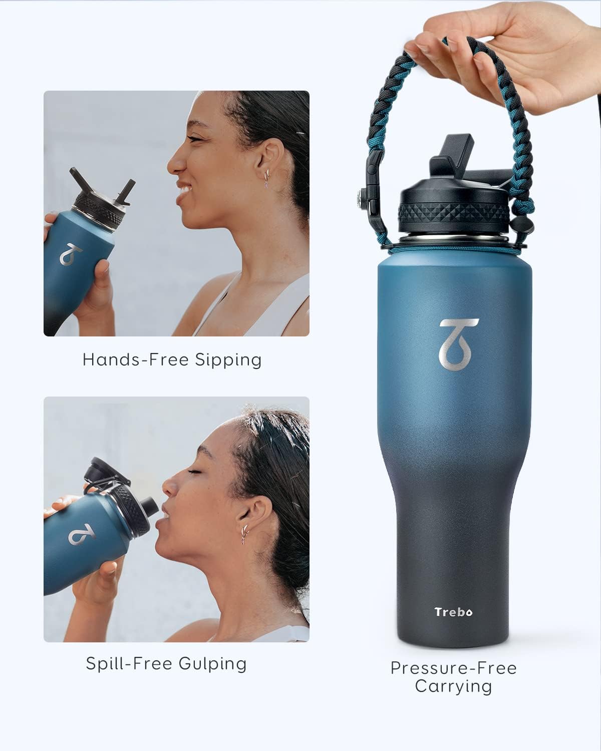 Trebo 40 oz Water Bottle Insulated Fit Car Cup Holder with Handle, Stainless Steel Water Bottles Tumbler with Spout Straw Lids, Double Wall Travel Reusable Flask, Leakproof Mug,Keep Cold &Hot,Black