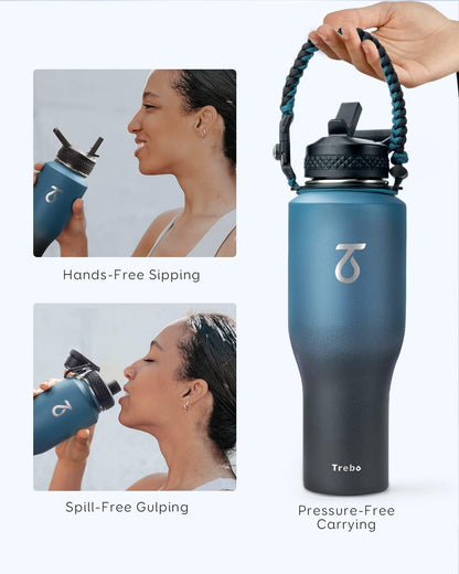 Trebo 40 oz Water Bottle Insulated Fit Car Cup Holder with Handle, Stainless Steel Water Bottles Tumbler with Spout Straw Lids, Double Wall Travel Reusable Flask, Leakproof Mug,Keep Cold &Hot,Black