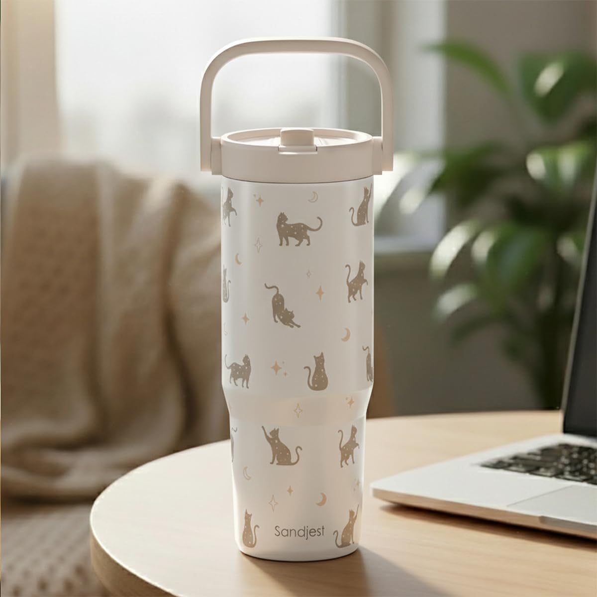SANDJEST Leopard Skin Stainless Steel Straw Lid Tumbler 30oz with Carry Handle for Women Girls, Insulated Travel Coffee Cup, Gift for Sports Outdoor Workout Christmas Birthday (Beige)