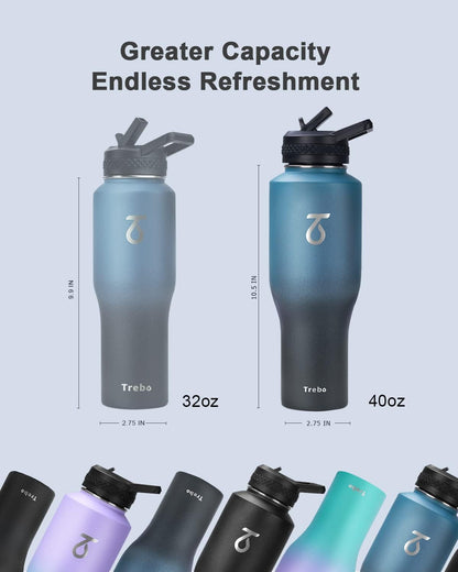 Trebo 40 oz Water Bottle Insulated Fit Car Cup Holder with Handle, Stainless Steel Water Bottles Tumbler with Spout Straw Lids, Double Wall Travel Reusable Flask, Leakproof Mug,Keep Cold &Hot,Black