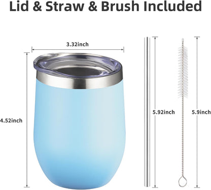 12 oz Insulated Wine Tumbler with Lid and Straw,Stainless Steel Stemless Wine Tumbler Glasses Double Wall Vacuum Wine Cups Tumbler for Coffee,Champaign,Cocktail,Office（Silver,1）