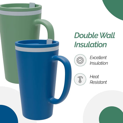Copco Cone Desk Mug, 16 oz (Set of 2) - Double Wall Insulated Mugs with Handle, Reusable Tumbler Set with Twist-Off Spill Resistant Lid, BPA-Free, Microwave & Dishwasher Safe (Orange/Mustard)