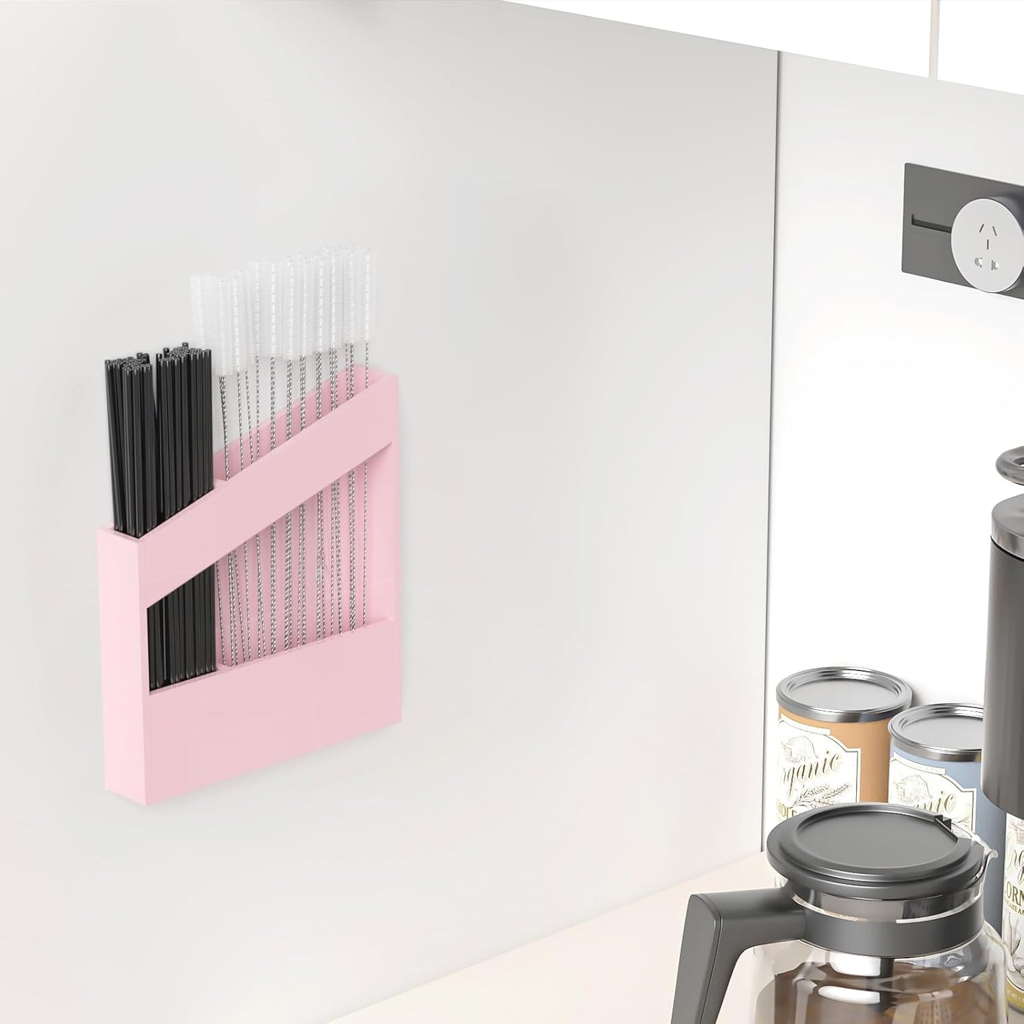Acrylic Straw Holder for Cabinet - 9.5 Inch Clear Reusable Straw Organizer Dispenser with Ultra Sticky Adhesive Tapes, Slanted Kitchen Accessories Container Cupboard Door Mounted