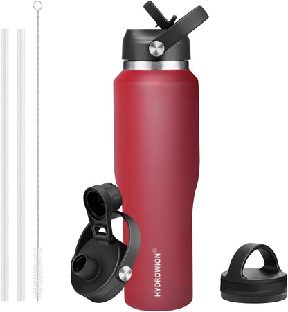 HYDROWION 32oz Stainless Steel Water Bottle(Cold for 48 Hrs, Hot for 24 Hrs),Double Wall Vacuum Insulated Water Bottle with Straw Lid, Spout Lid and Flex Cap, Fit in Any Car Cup Holder,Black
