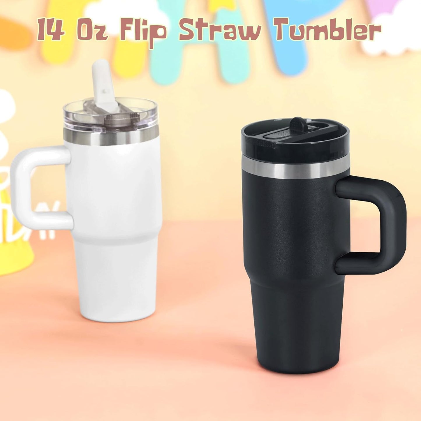 Cosictic 14 Oz Flip Straw Tumbler with Handle for Kids, Stainless Steel Double Wall Insulated Cup for Children with Flip Top Lid, 14 Oz Leak-proof Cups for Kids, Sky Blue and Purple
