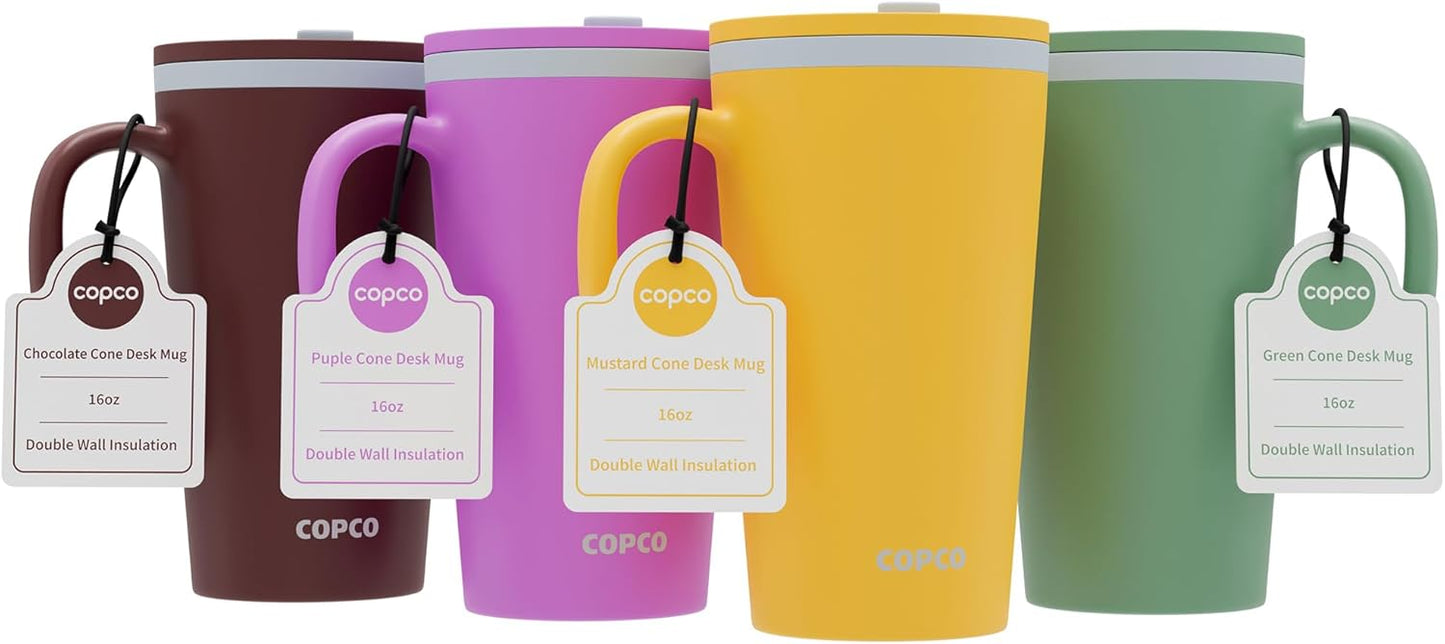 Copco Cone Desk Mug, 16 oz (Set of 4) - Double Wall Insulated Mugs with Handle, Reusable Plastic Tumblers with Twist-Off Spill Resistant Lid, BPA-Free, Microwave & Dishwasher Safe (Assorted Colors)