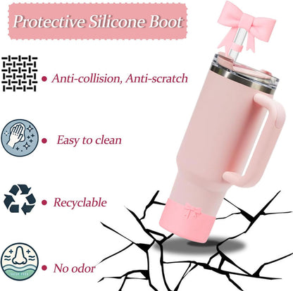 Bow Silicone Protective for Stanley Boot for 20/30/40Oz, 2 Pack for Stanley Cup Accessories Compatible 12-24Oz for Hydroflask Boot and More (Pink Set)