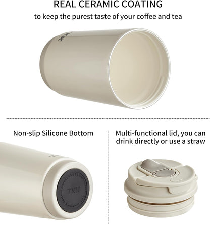 TKK Coffee Cup with Ceramic Coating - 14oz Insulated Stainless Steel Travel Mug, Leak-Proof Tumblers with Straw for Hot/Cold Beverages, Easy Wide Mouth Cleaning, White