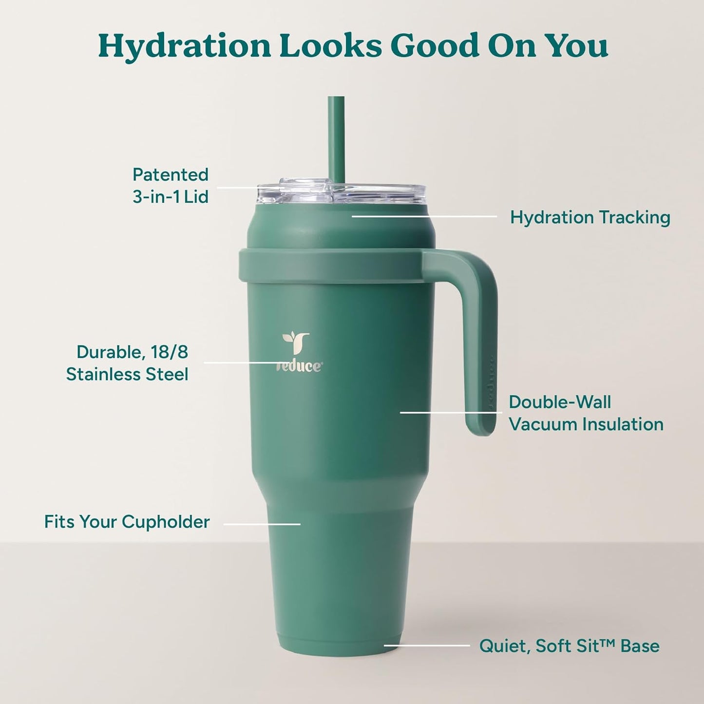 REDUCE 24 oz Stainless Steel Tumbler with Handle - Dual-Wall Vacuum Insulated Travel Mug, Sweat-Proof Lid & Reusable Straw - Keeps Drinks Cold for 24 Hrs, Fits Cupholders, Dishwasher Safe - Lilac Bud