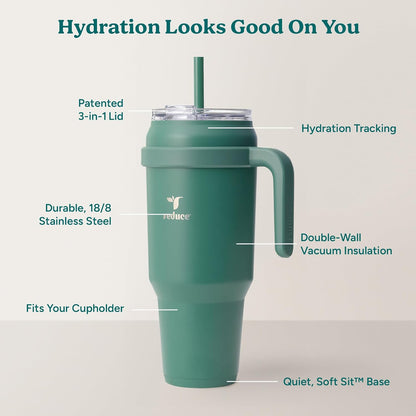 REDUCE 24 oz Stainless Steel Tumbler with Handle - Dual-Wall Vacuum Insulated Travel Mug, Sweat-Proof Lid & Reusable Straw - Keeps Drinks Cold for 24 Hrs, Fits Cupholders, Dishwasher Safe - Lilac Bud